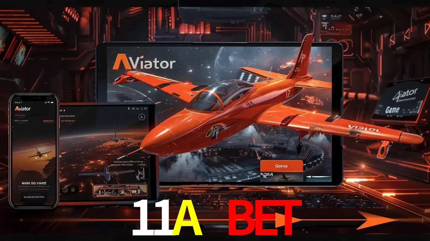 Apresentação tecnológica do jogo Aviator com um avião saindo da tela de um tablet, demonstrando a experiência imersiva em múltiplos dispositivos no 11A BET.