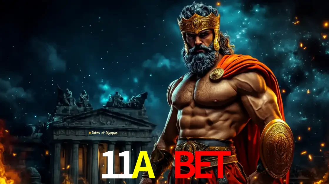 O poderoso Zeus do jogo de slot Gates of Olympus em frente ao seu templo, pronto para lançar multiplicadores divinos e prêmios épicos no cassino online 11A BET.
