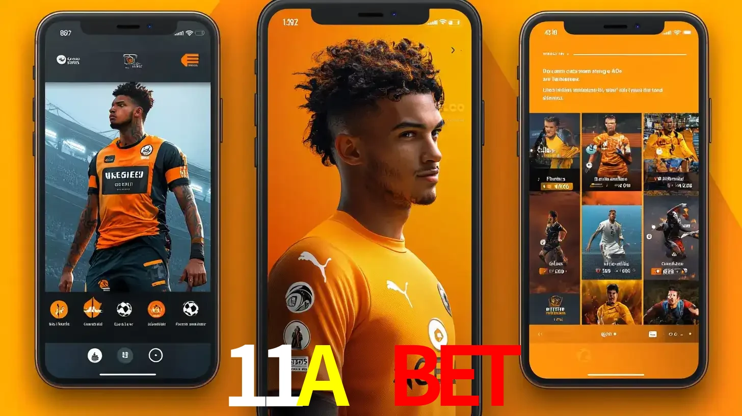 Interface do aplicativo de apostas esportivas 11A BET em três telas de celular, mostrando o perfil de um jogador de futebol e a lista de jogos disponíveis para apostar.
