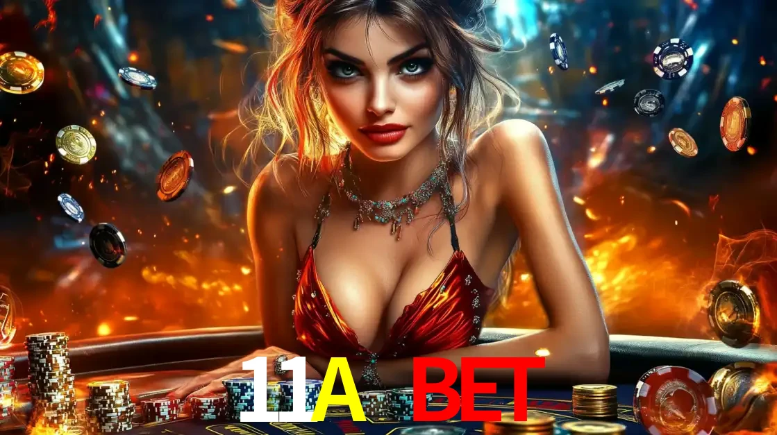 Mulher em uma mesa de cassino com pilhas de fichas e um fundo de fogo, pronta para uma rodada de altas apostas nos jogos de mesa emocionantes do cassino 11A BET.