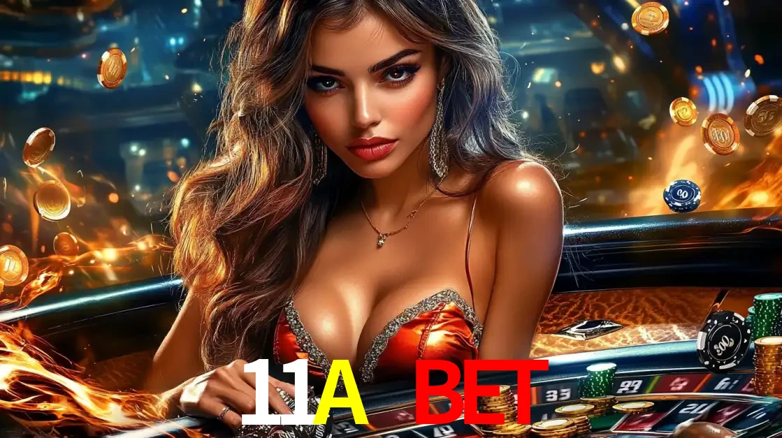 Mulher glamourosa em uma mesa de roleta com um fundo de chamas e moedas voadoras, pronta para fazer sua aposta e ganhar grandes prêmios no cassino ao vivo 11A BET.