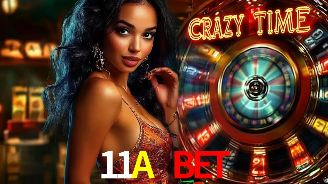 Mulher elegante ao lado da vibrante roda da fortuna do jogo de cassino ao vivo Crazy Time, um dos game shows mais populares e cheios de prêmios do 11A BET.
