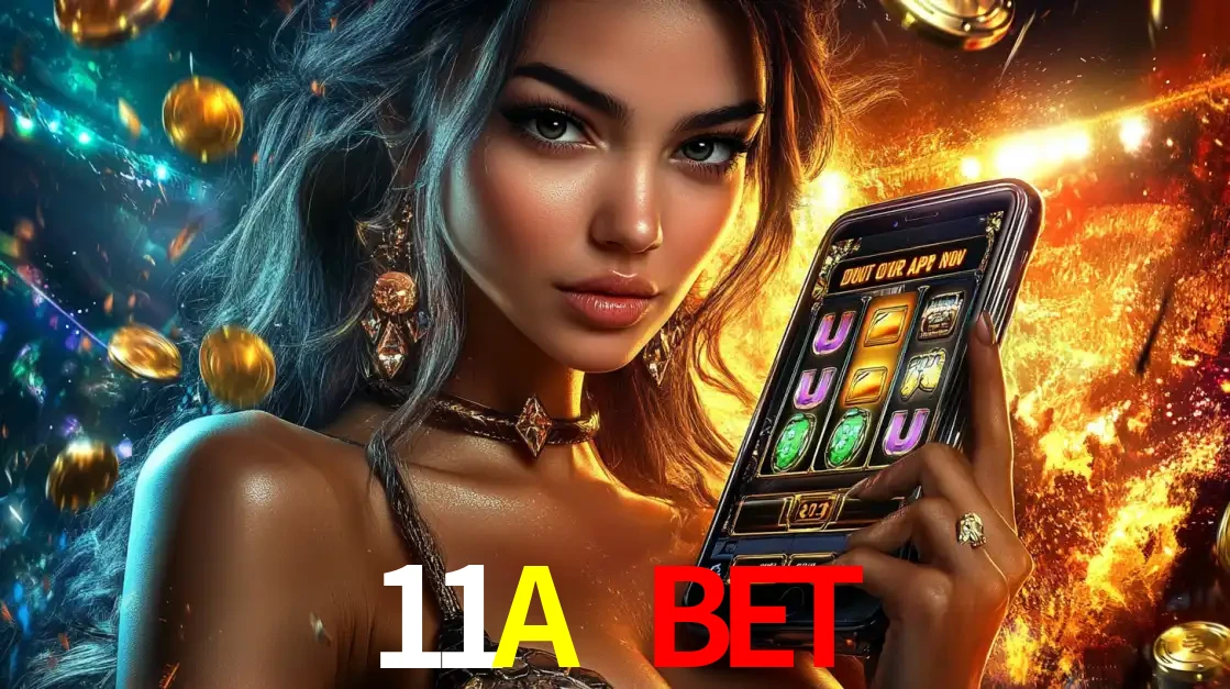 Mulher elegante mostrando um jogo de caça-níqueis em seu smartphone, destacando a experiência de cassino móvel oferecida pelo aplicativo 11A BET.