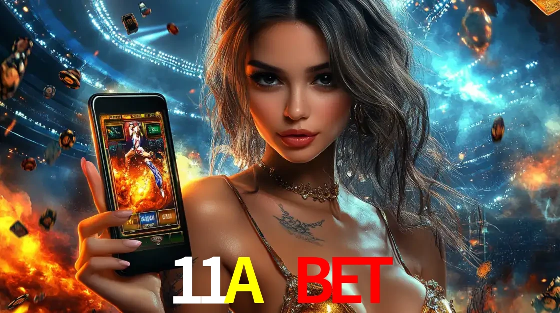 Mulher segurando um celular com um jogo de slot em destaque, tendo como fundo um estádio vibrante, simbolizando a emoção de jogar no cassino móvel 11A BET.