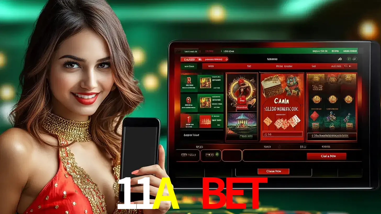 Mulher sorridente segurando um smartphone, ao lado de uma tela exibindo o lobby de jogos do cassino online 11A BET, com várias opções de jogos de cartas e slots.
